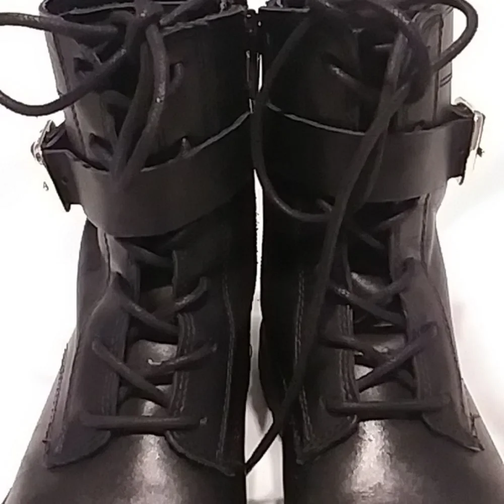 Zara Girls Combat Boots Leather Lug Easy Zip Laced Look Silver Buckles EU 32